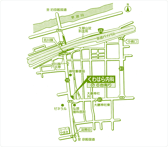 京都府久世郡久御山町北川顔村西6-2　くわはら内科